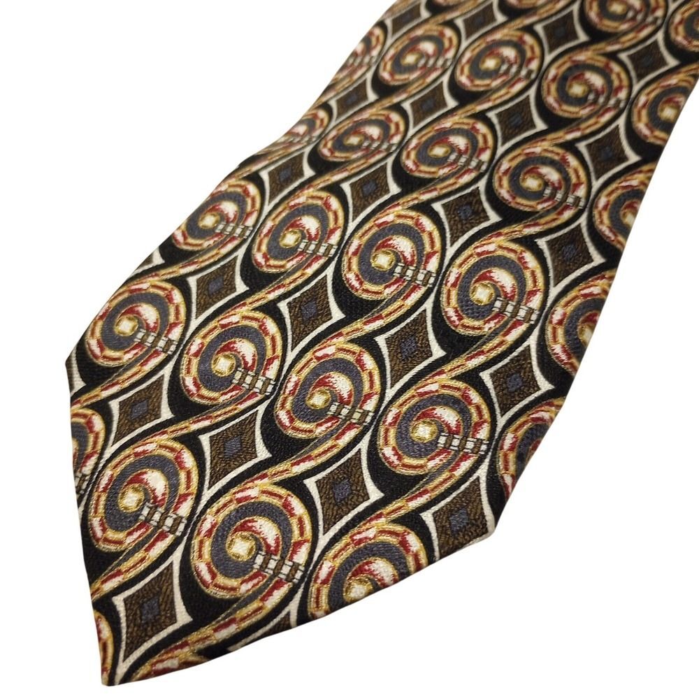 Pavia Mens Silk Tie Made in Italy Geometric‎ Swirl Diamond Gold Black Burgundy
